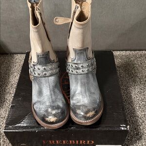 Freebird Leather Boots with Studded Accents in Cream and Gray